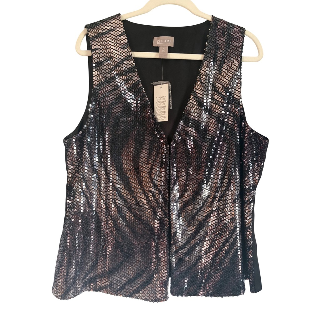 Chicos Sequin Vest Womens 2 Black Bronze Tiger Stripe Animal Print V-Neck NWT